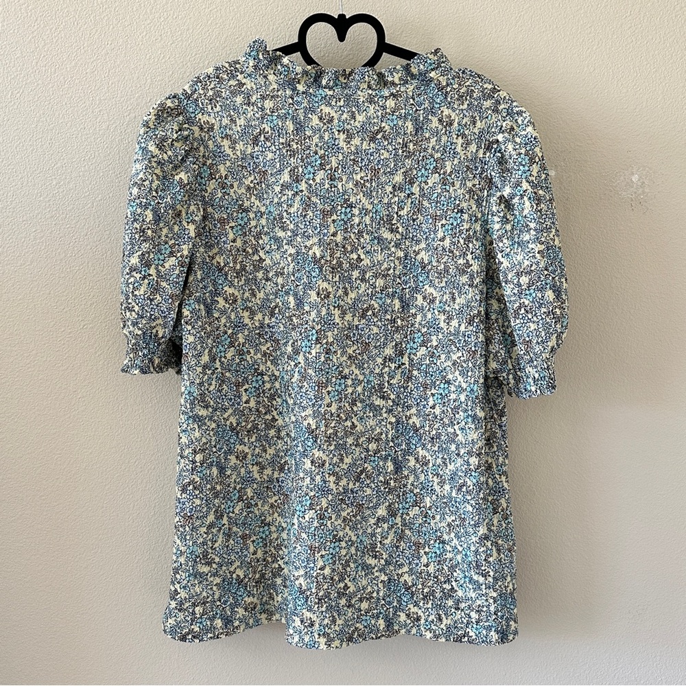 LOFT Blue Cream Smocked Floral Ruffle Neck Blouse Top Size XL - Picture 4 of 7